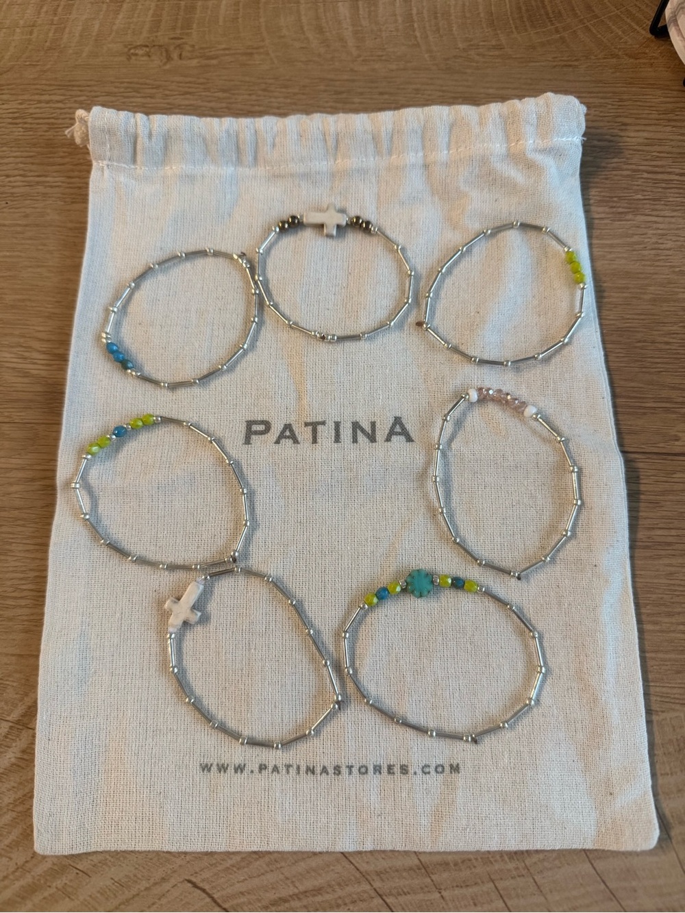Patina Silver-Tone Beaded Stretch Bracelet with Blue & Green Accents